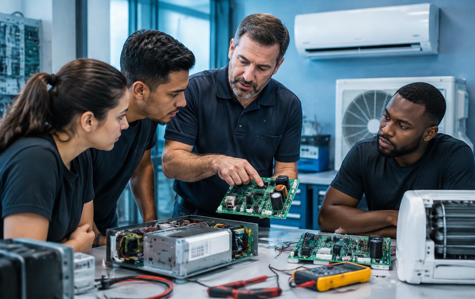 Instrutor apontando uma placa eletrônica de ar-condicionado para alunos em aula prática