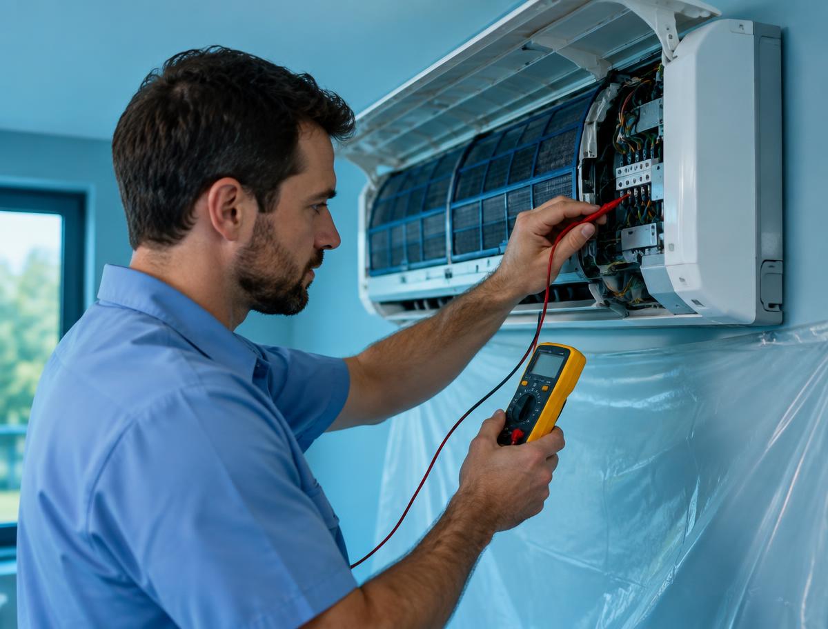 Técnico da equipe fazendo manutenção em um ar-condicionado split